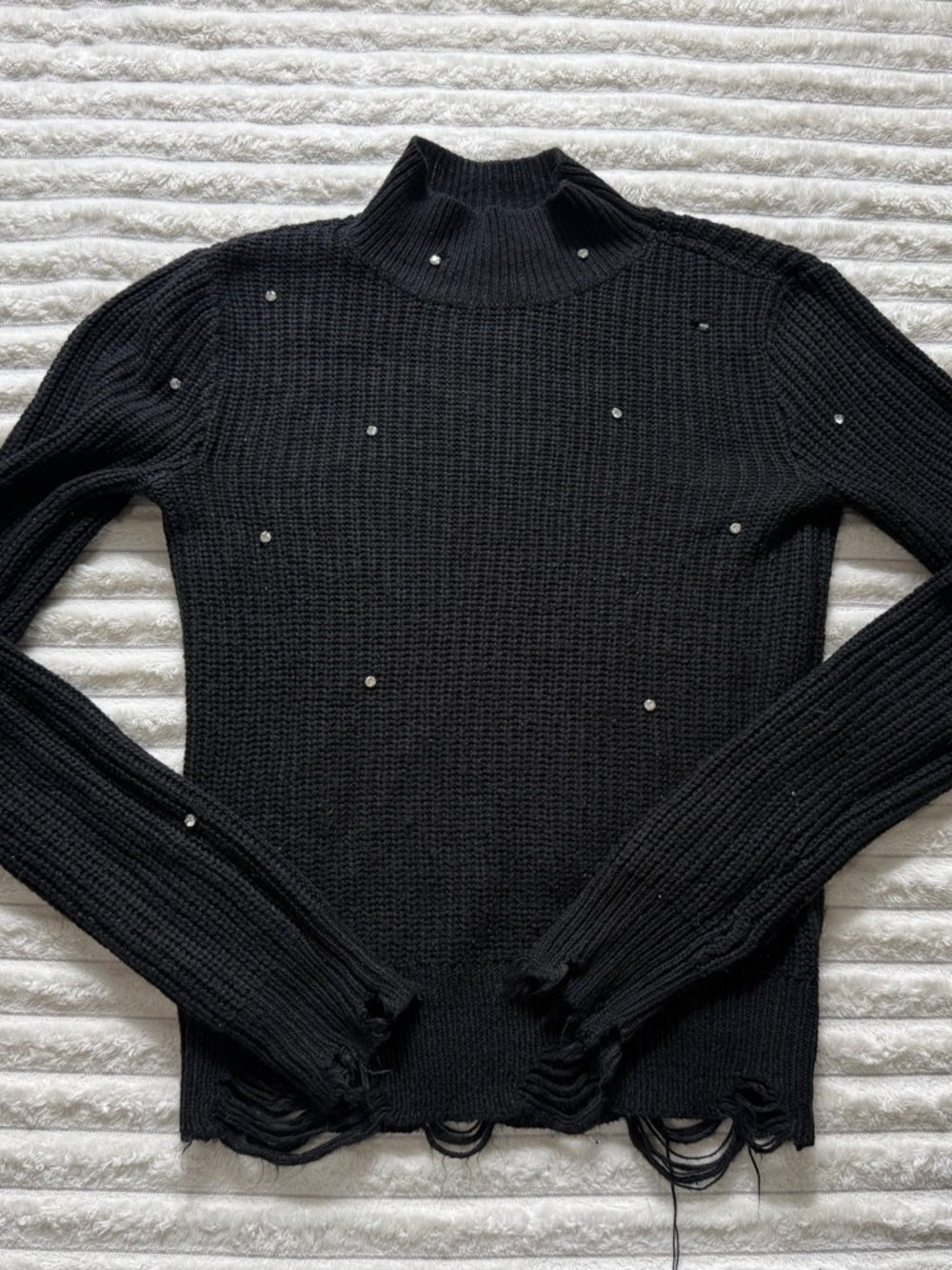 With Love Black Beaded Distressed Knit Pullover Sweater L Acrylic